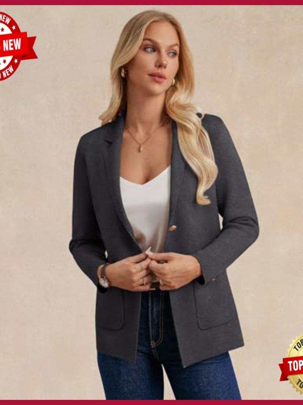 Long Sleeve Open Front Blazer Cardigan with Pockets Business Casual - Picture 2 of 7